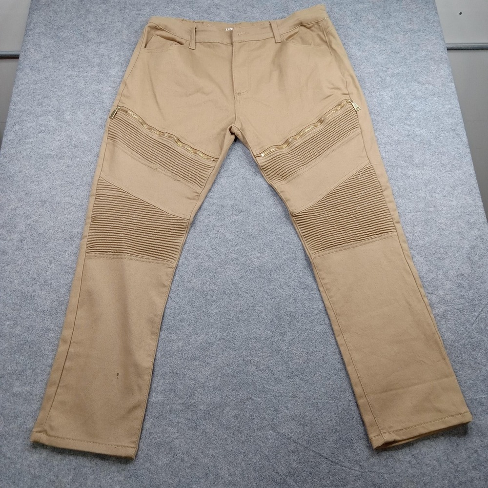 Lion Dynasty‎ Jeans Mens 38 Khaki Moto Biker Zipper Knee Stretch Denim Pants